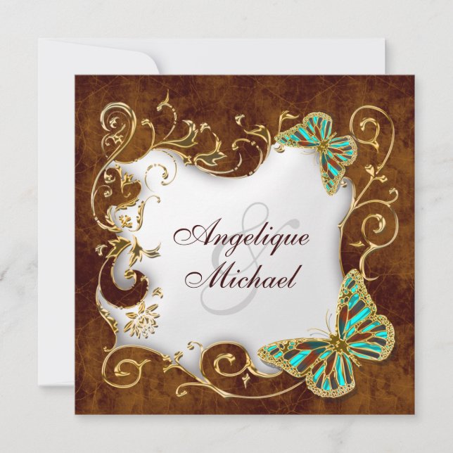 Invitation mariage campagnard Brown d'or aqua (Devant)