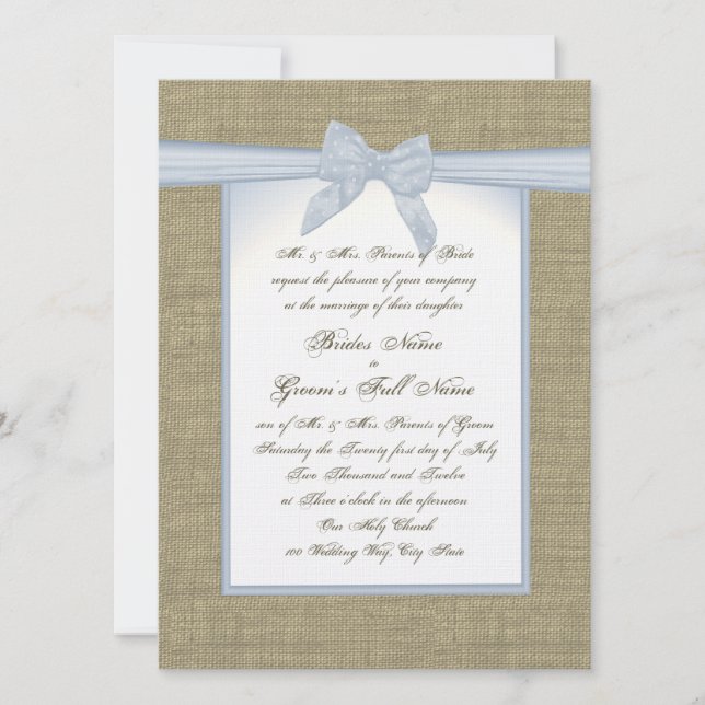 Invitation Mariage campagnard Burlap et Blue Bow (Devant)