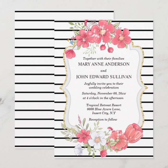 Invitation Mariage campagnard d'aquarelle fleur sauvage rose (Devant / Derrière)