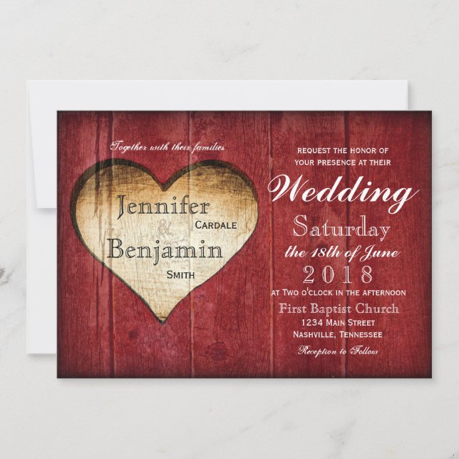 Invitation Mariage campagnard de coeur en bois de la grange r (Devant)