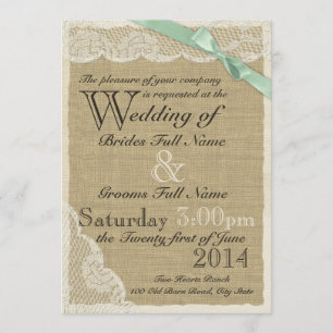 Invitation Mariage campagnard de dentelle antique et de menth