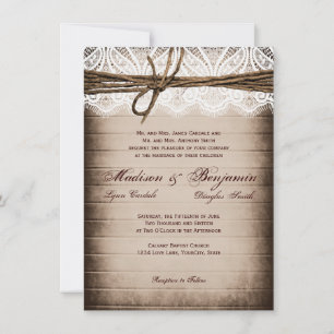 Invitation Mariage campagnard de dentelle en bois rustique