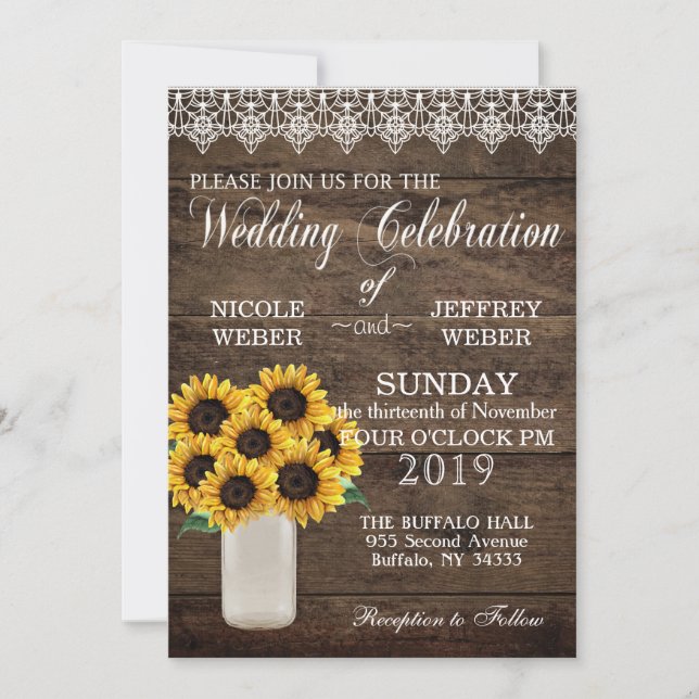 Invitation Mariage campagnard de Mason Jar, tournesol rustiqu (Devant)