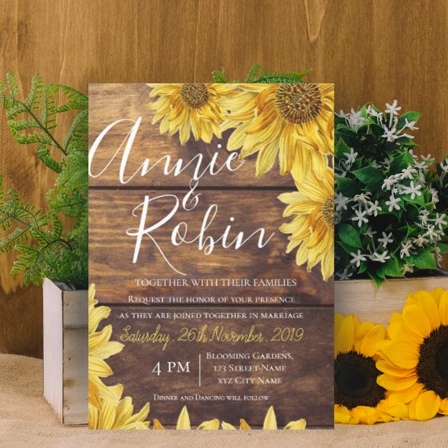 Invitation Mariage campagnard de tournesol jaune en bois rust (Créateur téléchargé)