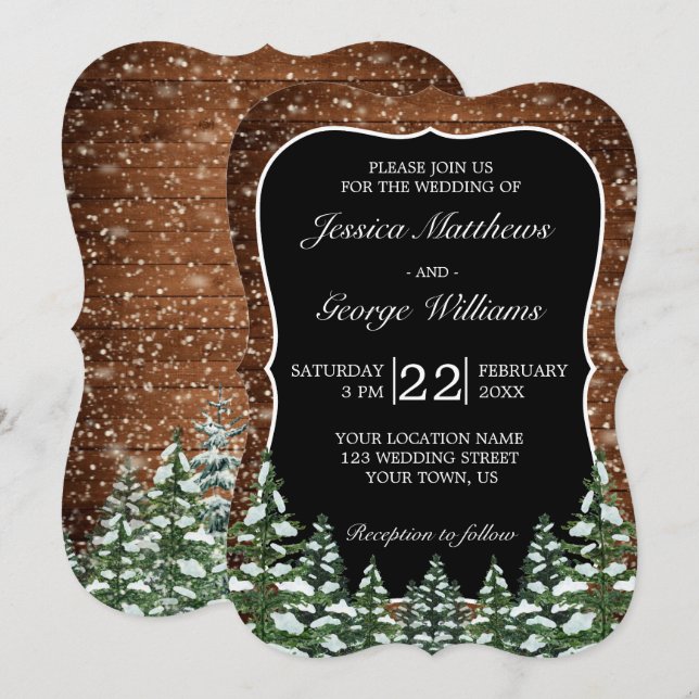 Invitation Mariage campagnard en bois et forêt noir Snowy (Devant / Derrière)