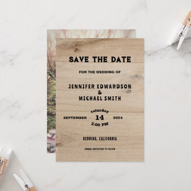 Invitation Mariage campagnard en bois rustique photo Enregist (Devant/Arrière en situation)