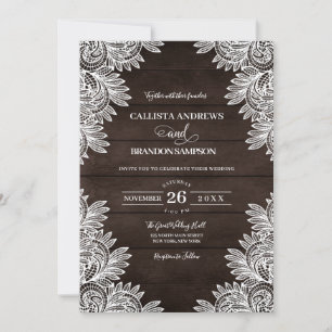 Invitation Mariage campagnard en dentelle blanche en bois Bro