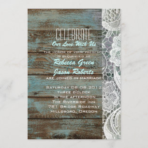 Invitation mariage campagnard en dentelle de grange bleu vint