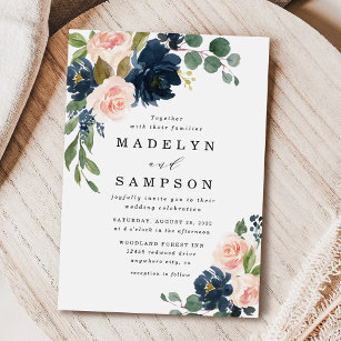 Invitation Mariage campagnard floral bleu marine et rose pâle