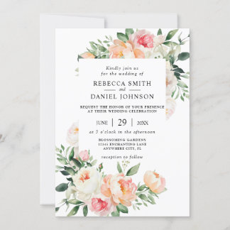 Invitation Mariage campagnard floral romantique à pivoines ro