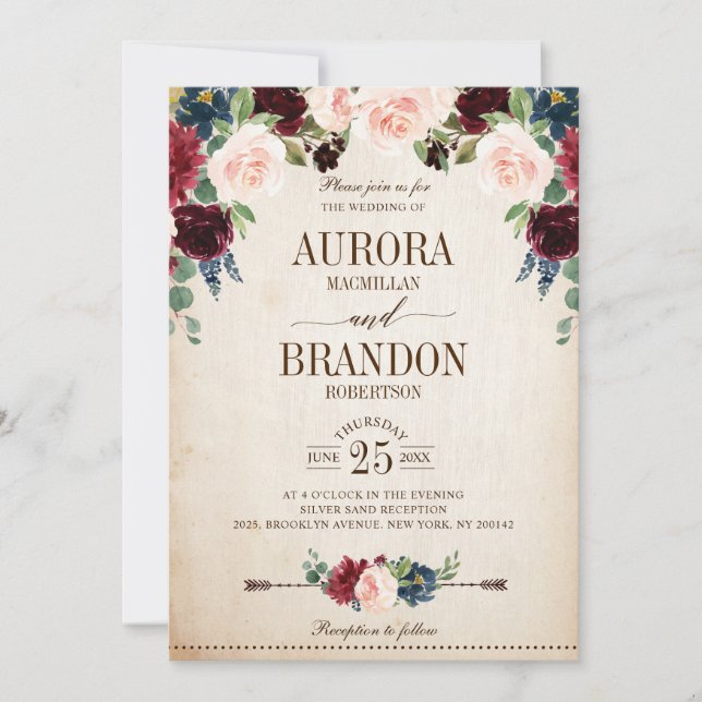 Invitation Mariage campagnard floral rustique de la marine de (Devant)