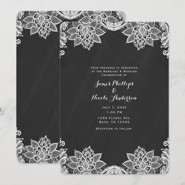 Invitation Mariage campagnard noir dentelle blanche florale (Devant / Derrière)