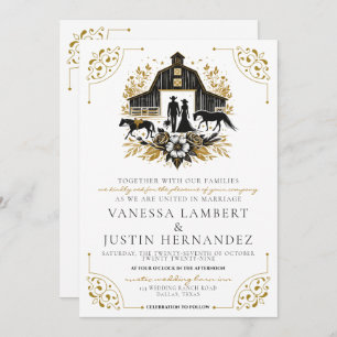Invitation Mariage campagnard noir et or avec code QR