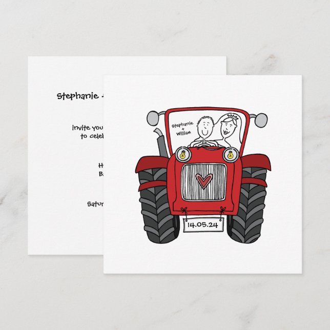 Invitation Mariage campagnard personnalisé Rouge Tracteur Soi (Devant / Derrière)