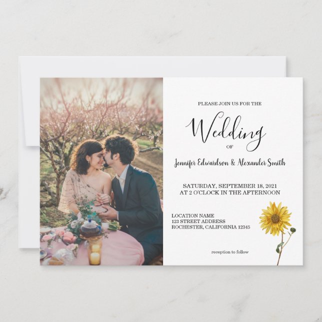 Invitation Mariage campagnard photo floral de tournesol rusti (Devant)