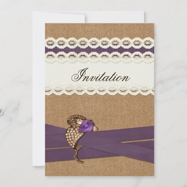 Invitation MARIAGE CAMPAGNARD pourpre pour burlap et dentelle (Devant)
