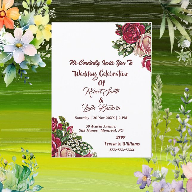 Invitation Mariage campagnard Rose roumain roumain de Bourgog (Blush Burgundy Red Rustic Roses Country Wedding Invitation)