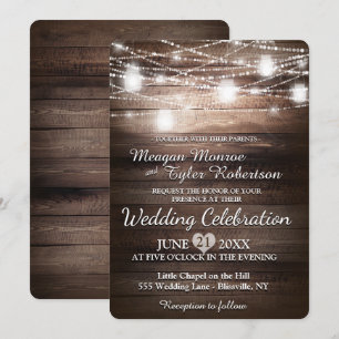 Invitation Mariage campagnard rustique avec des lumières de