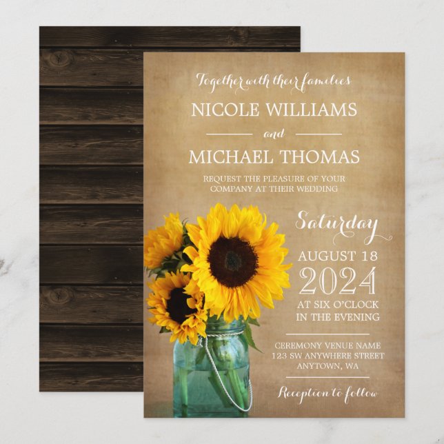Invitation Mariage campagnard rustique de tournesol Mason Jar (Devant / Derrière)