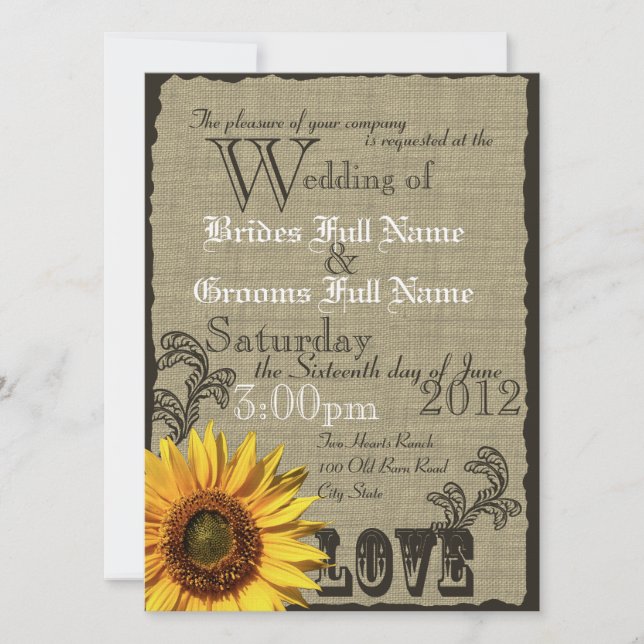 Invitation Mariage campagnard rustique du tournesol occidenta (Devant)