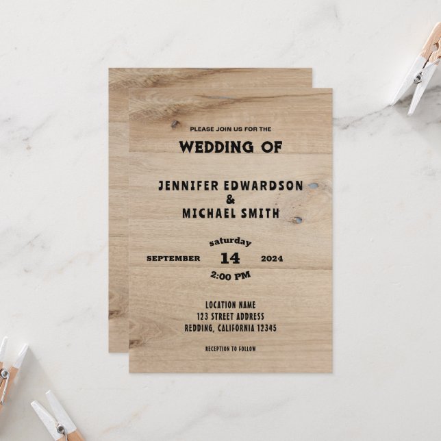 Invitation Mariage campagnard rustique en bois de grange (Devant/Arrière en situation)