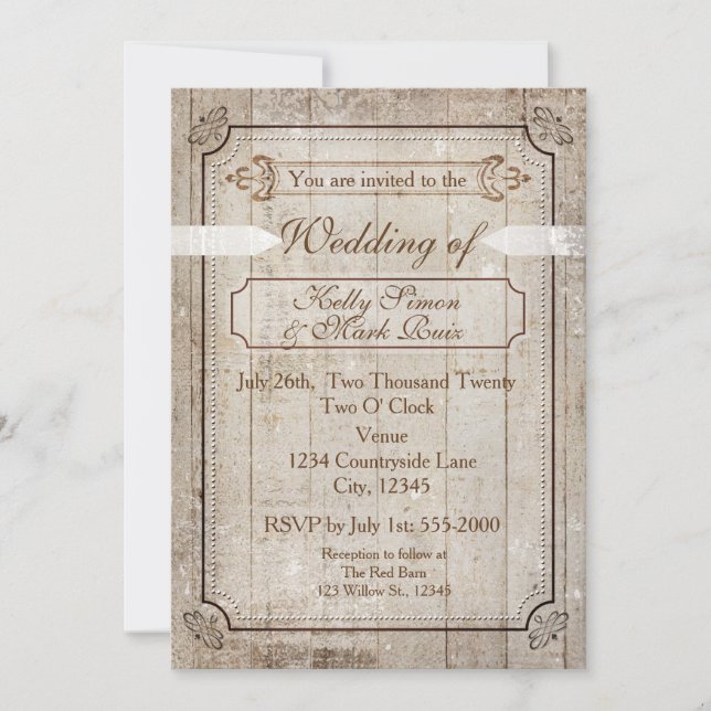 Invitation Mariage campagnard rustique en bois vin (Devant)