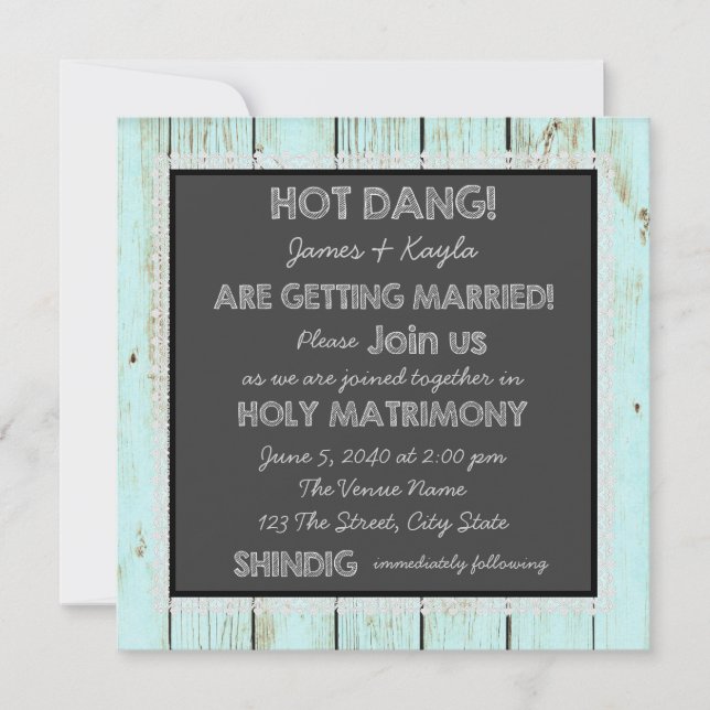 Invitation Mariage campagnard turquoise Blue Barne Wood Chalk (Devant)