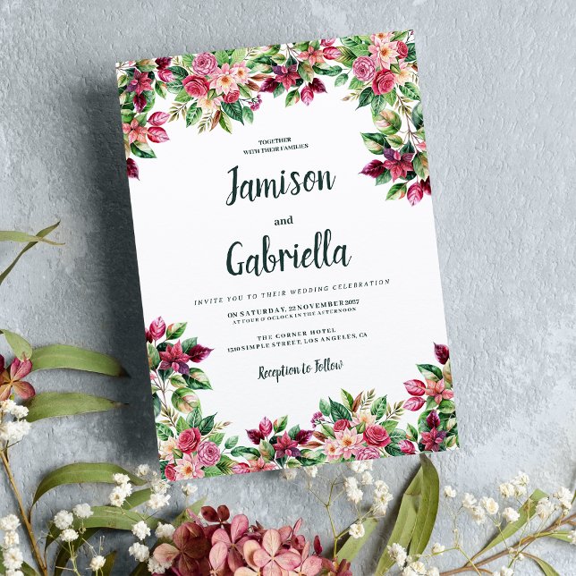 Invitation Mariage campagnard végétal vert bordeaux rose bota (Botanic burgundy pink green floral country Wedding)