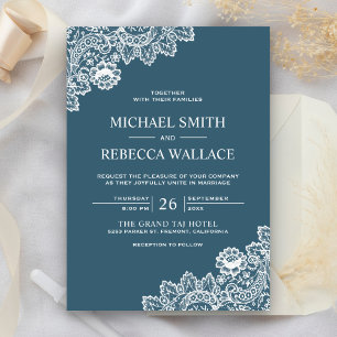 Invitation Mariage Campagnard Vintage Bleu Poussiéreux et Bla