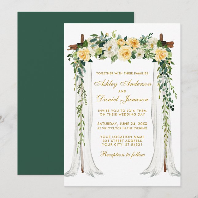 Invitation Mariage Canopée Aquarelle Jaune Floral Or Vert (Devant / Derrière)