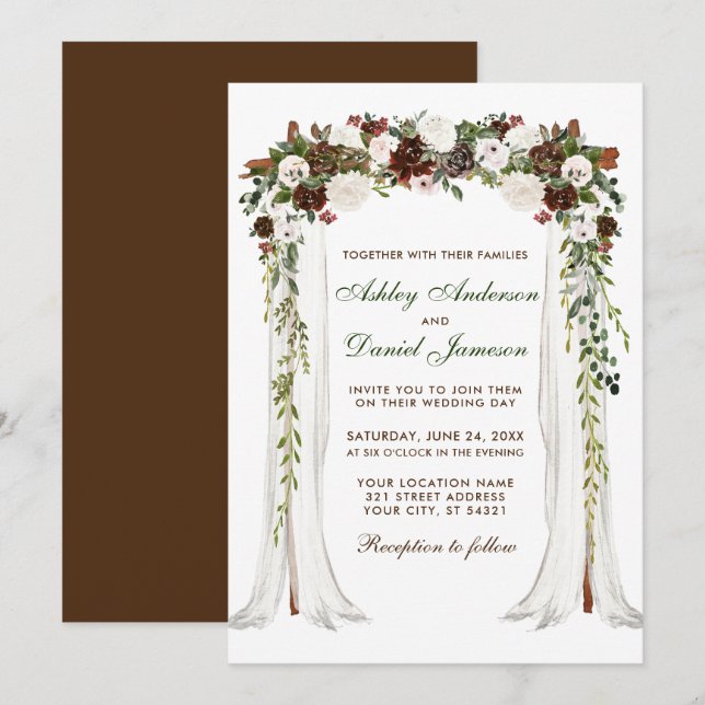 Invitation Mariage Canopée Aquarelle Vert Floral Brown (Devant / Derrière)