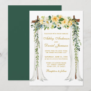 Invitation Mariage Canopée Vert or Aquarelle Jaune Floral