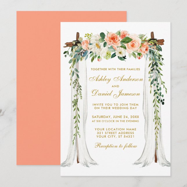 Invitation Mariage Canopy Arch Aquarelle Coral Floral Or (Devant / Derrière)