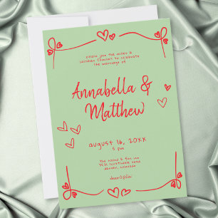 Invitation Mariage Capriceux à la Main Cœur Vert Rouge