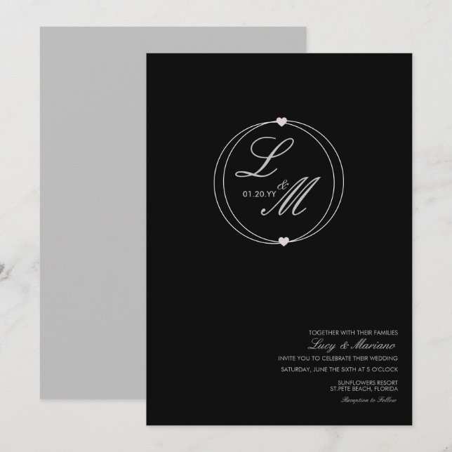 Invitation Mariage cardiaque circulaire monogramme élégant (Devant / Derrière)