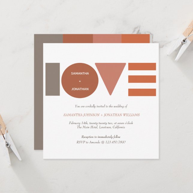 Invitation Mariage Carré Bauhaus Love strié (Devant/Arrière en situation)