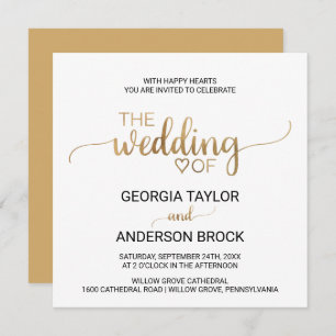 Invitation Mariage Carré de calligraphie or simple