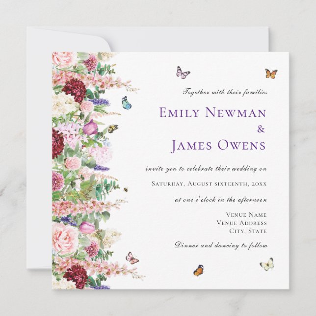 Invitation Mariage Carré de fleurs et papillons rose violet (Devant)