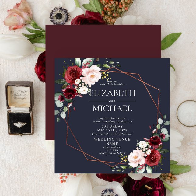 Invitation Mariage carré en cuivre géométrique bordeaux bleu (Créateur téléchargé)