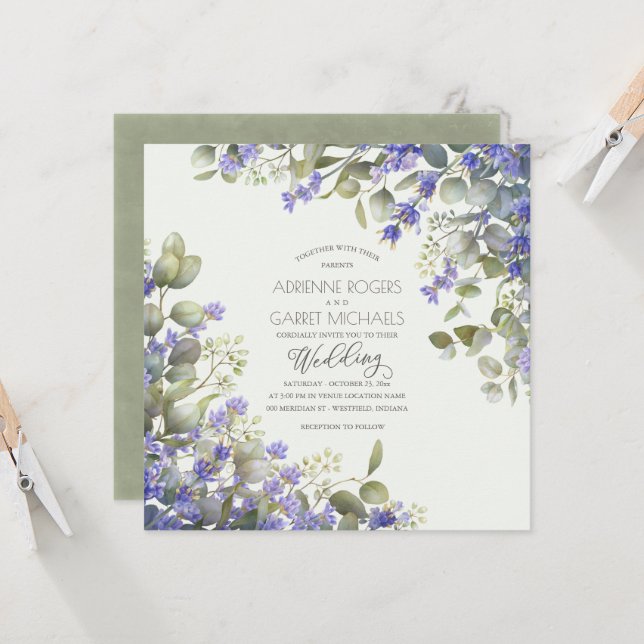 Invitation Mariage Carré Eucalyptus & Lavender (Devant/Arrière en situation)