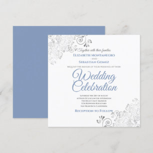 Invitation Mariage Carré gris bleu élégant Silver Filigree