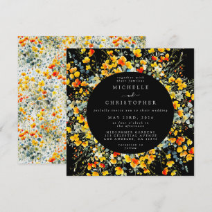 Invitation Mariage Carré noir floral brillant