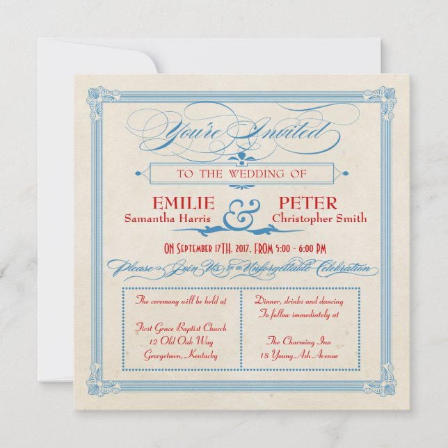 Invitation Mariage Carré poster vintage rouge, blanc et bleu (Devant)