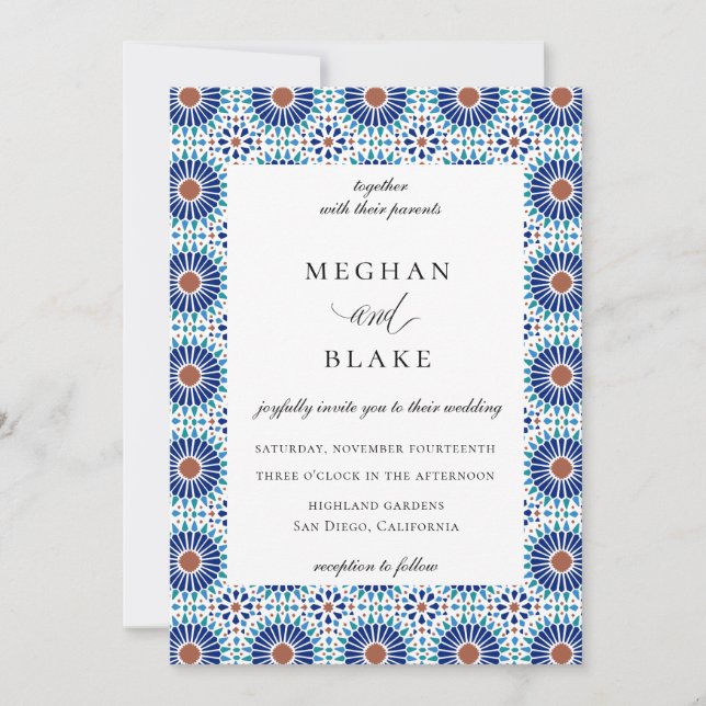 Invitation Mariage Carreau Géométrique Espagnol Chic Rustique (Devant)