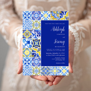 Invitation Mariage Carreau Rustique Bleu Jaune Blanc