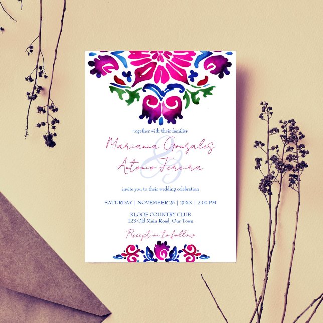 Invitation Mariage carreaux de talavera mexicain bleu rose (Pink blue Mexican talavera tile wedding Invitation template digital download bold color folk pattern)