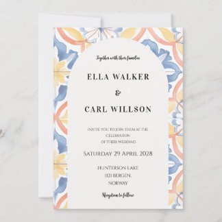 Invitation Mariage Carreaux Italiens Jaune Bleu Orange Gras