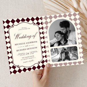 Invitation Mariage Carreaux Ivoire Bourgogne Argent Ancien
