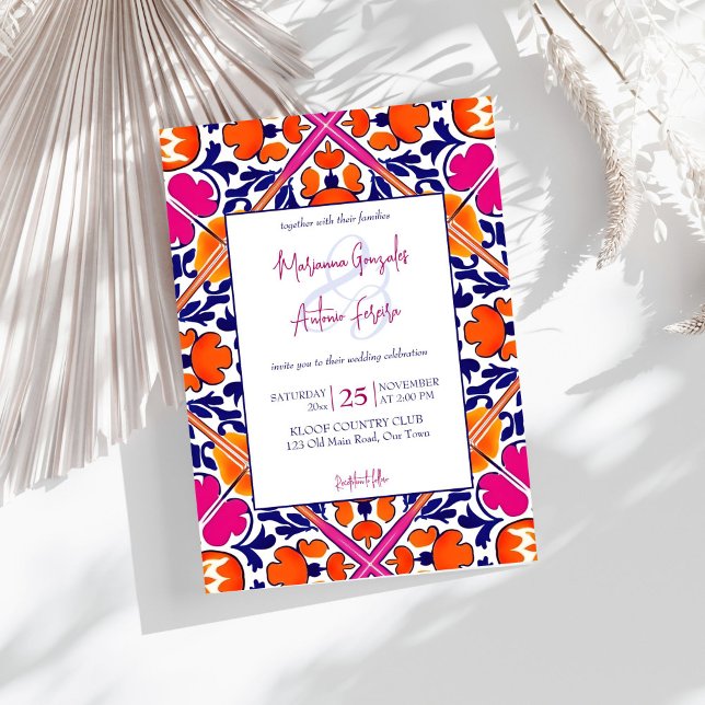 Invitation Mariage carrelage mexicain rose orange (Pink orange blue Mexican Talavera Azulejo tiles wedding Invitation editable template instant downloa)