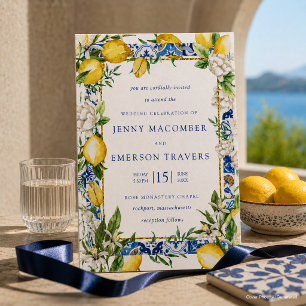 Invitation Mariage Carrelage Mosaïque Bleu Floral Blanc Citro